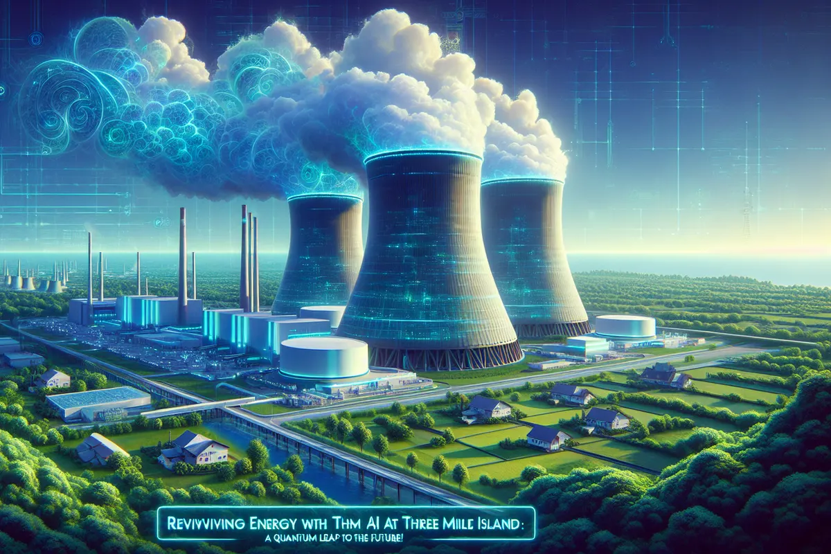 Une centrale nucléaire reliée par des lignes électriques à un vaste campus de data centers.