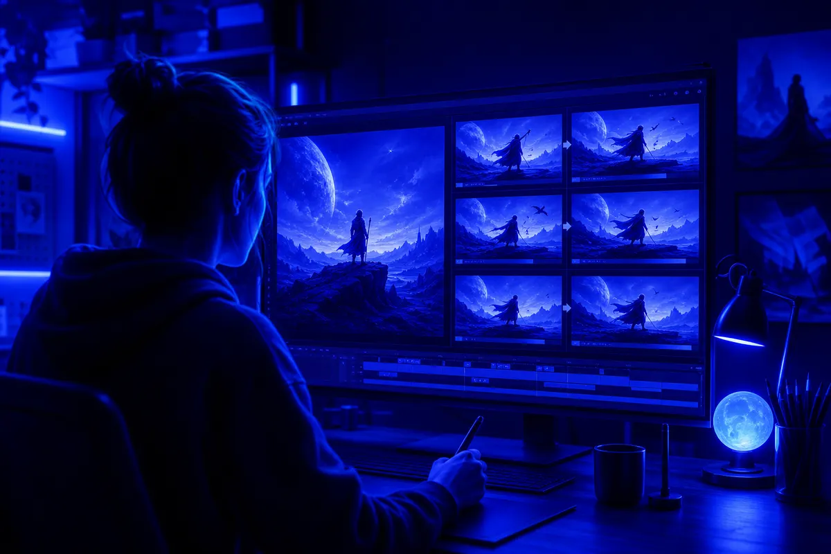 Un créateur transforme une illustration fixe en plusieurs courts clips animés sur ordinateur