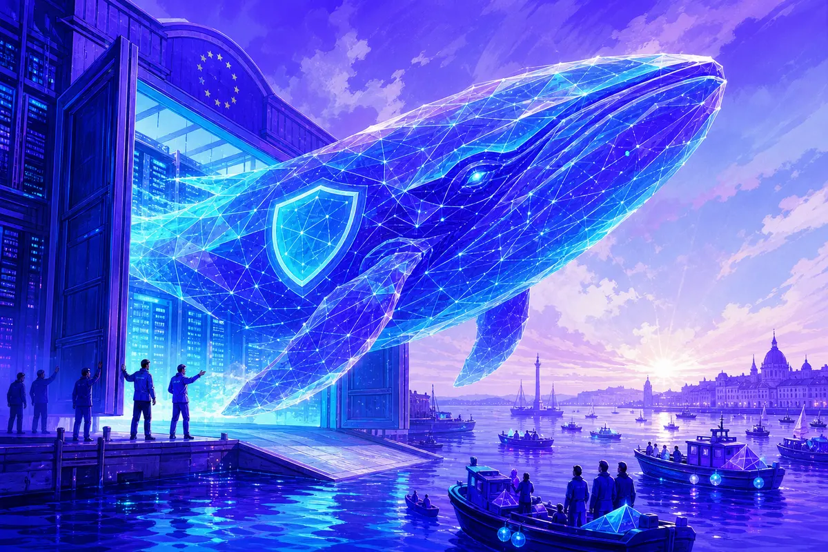 Illustration d’une gigantesque créature d’IA lumineuse sortant d’un centre de données vers un port ouvert