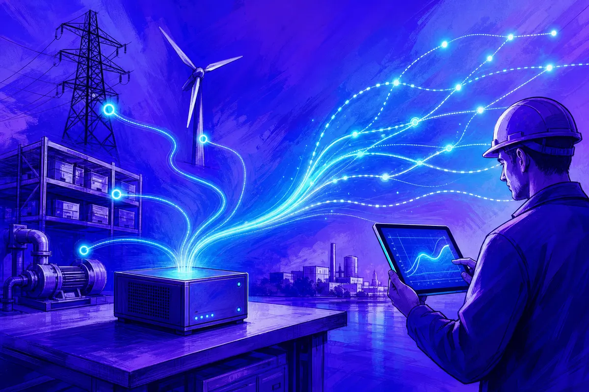 Un petit serveur projette des courbes de prévision lumineuses alimentées par des capteurs d’usine et d’énergie