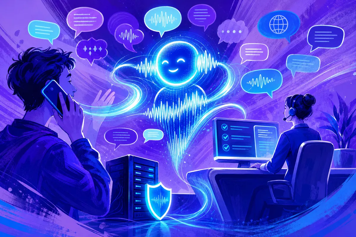 Un assistant vocal fait d’ondes lumineuses relie une personne au téléphone à un service client