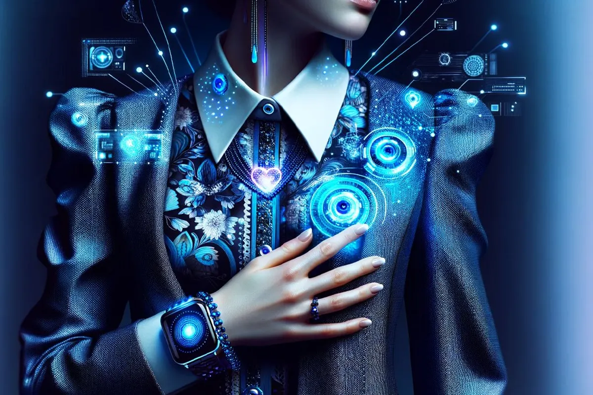 Une personne porte un assistant IA sur sa veste, près d’un pendentif connecté et d’un smartphone.