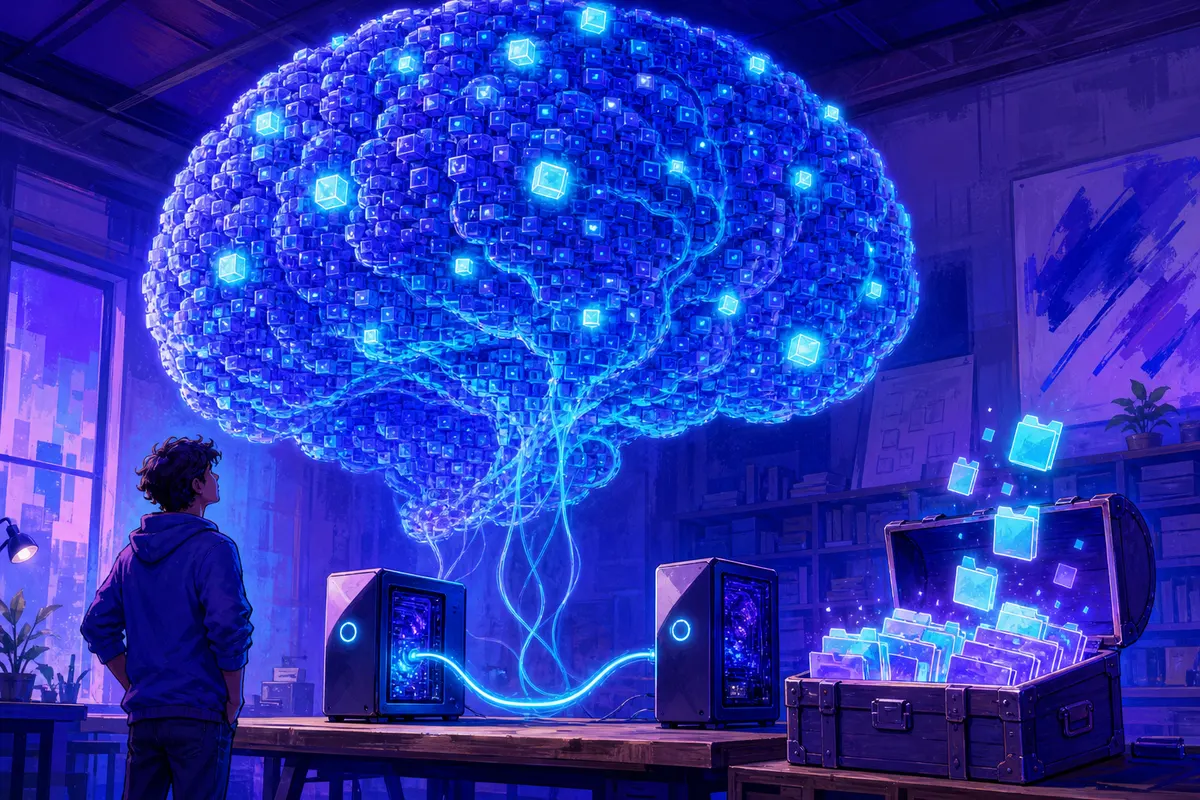 Deux ordinateurs de bureau reliés font tourner un immense modèle d’IA lumineux sous le regard d’un développeur