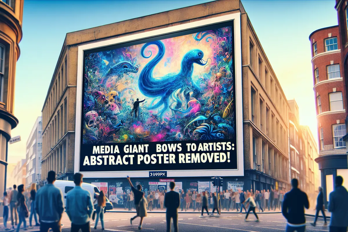 Des artistes examinent des croquis tandis qu’une affiche promotionnelle numérique est retirée d’un écran.