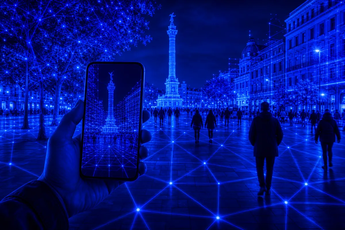 Une personne scanne une place avec son smartphone pour contribuer à une cartographie 3D de l’environnement.