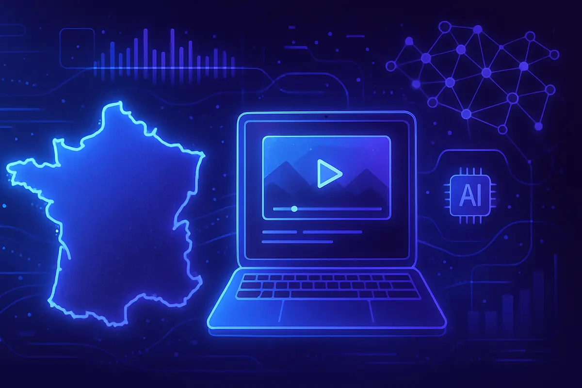 Des documents et graphiques sont transformés en résumé vidéo sur un ordinateur et une tablette.