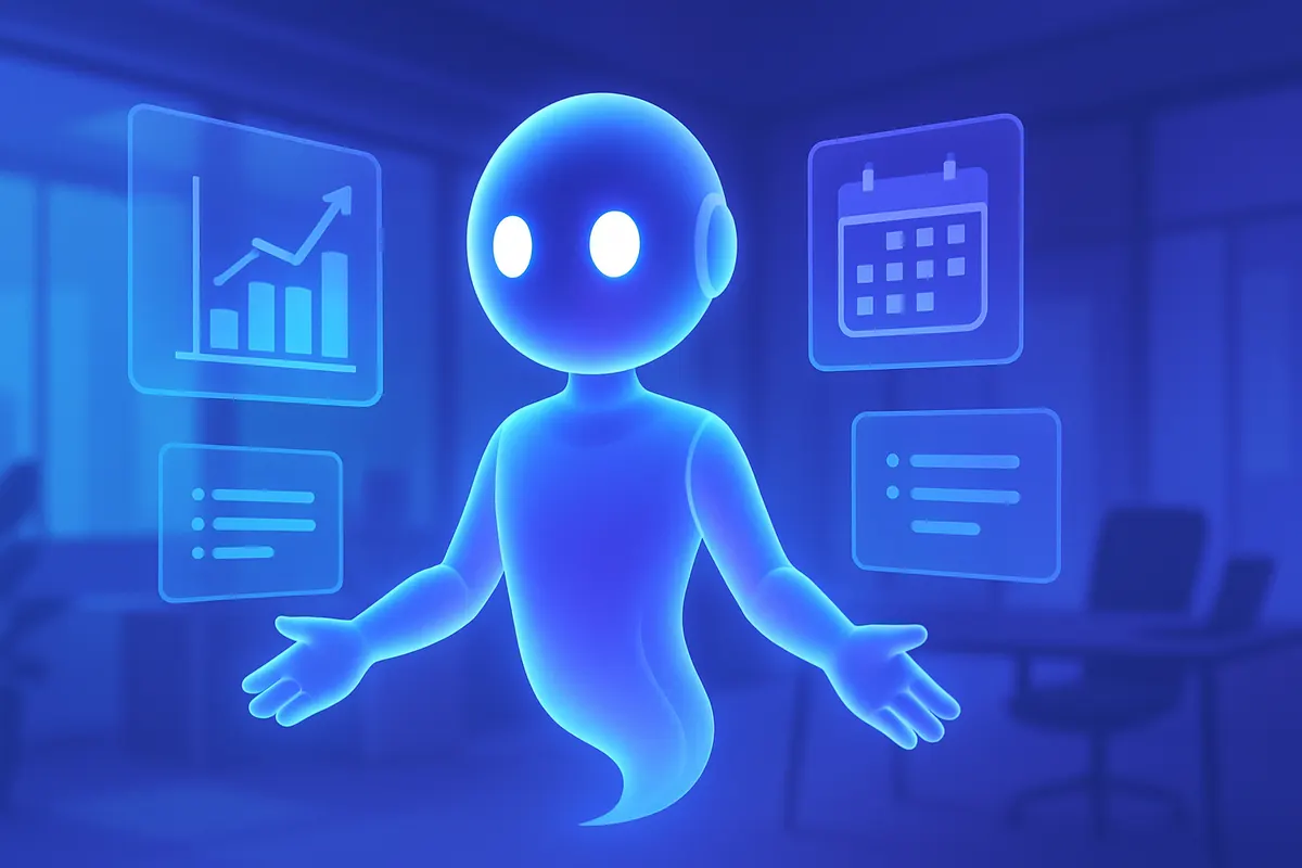 Une équipe examine un espace de travail numérique où un agent IA organise pages, tâches et bases de données.