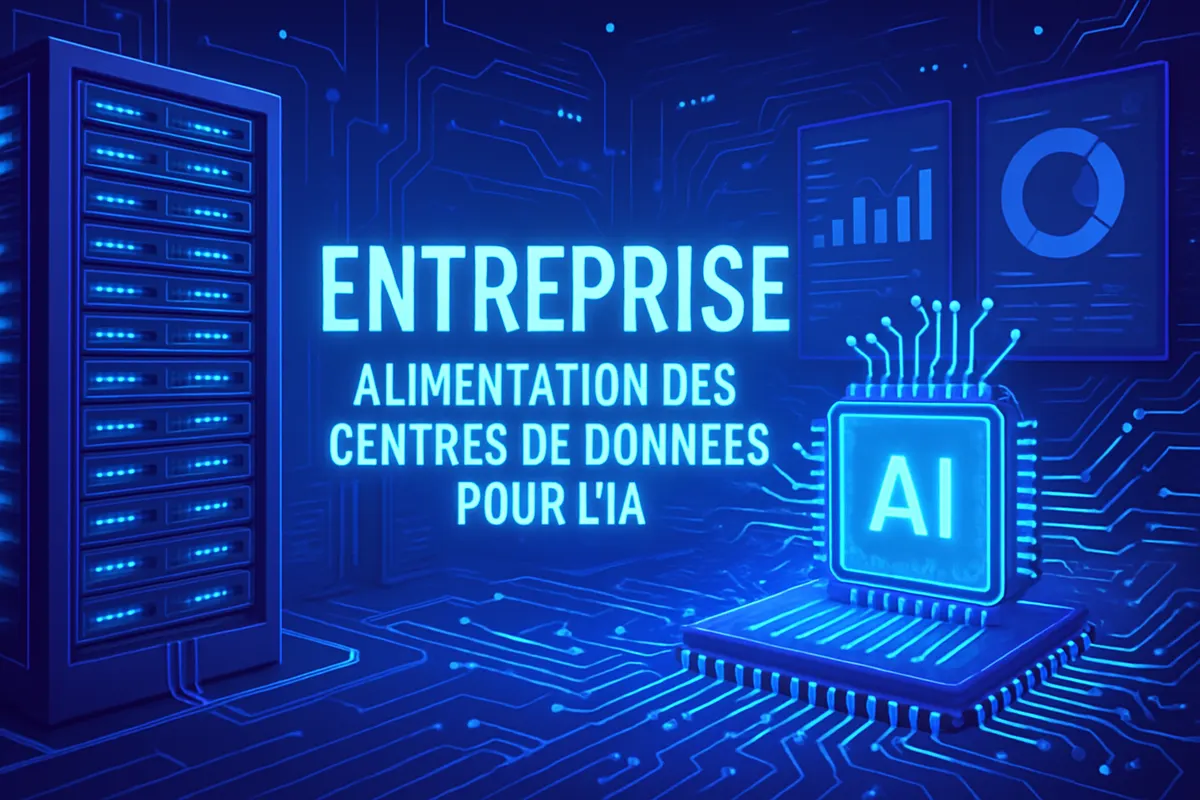 Centre de données relié à des transformateurs et à un réseau électrique pour alimenter des serveurs d’IA