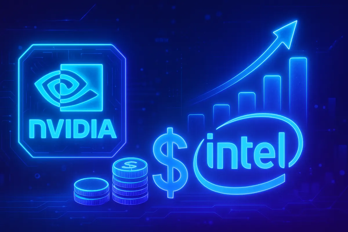 Des serveurs de datacenter IA et une carte de processeur symbolisant l’alliance entre Nvidia et Intel.