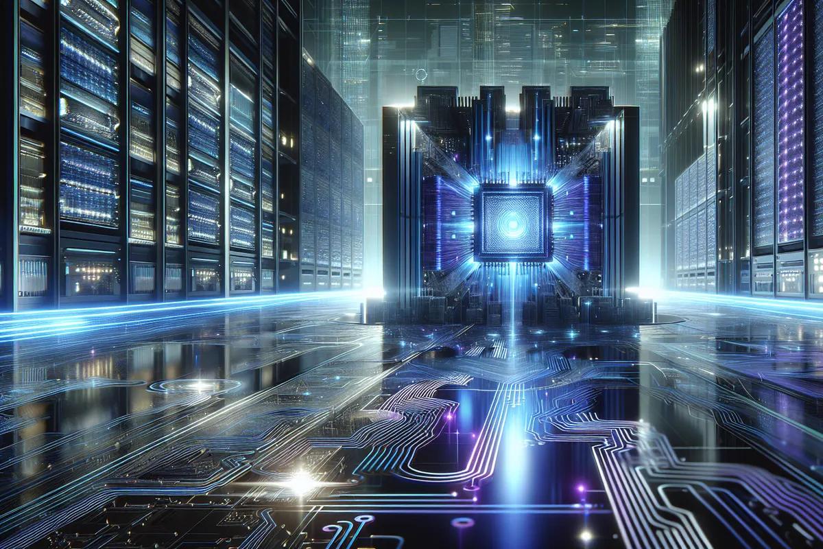 Techniciens assemblant des serveurs et des composants pour un supercalculateur d’intelligence artificielle.