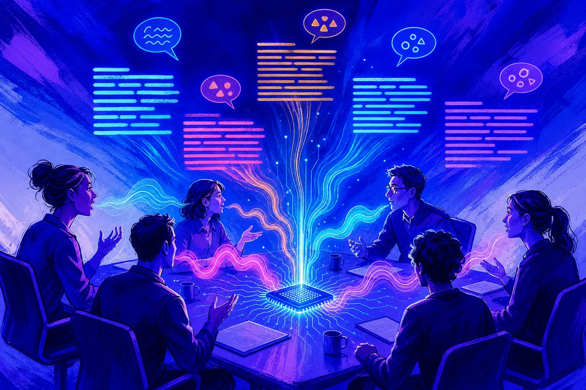 Illustration d’une réunion dont les voix se transforment en blocs de texte colorés en passant par une puce lumineuse