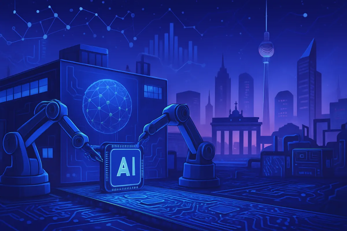 Usine allemande connectée à un centre de calcul IA, avec robots industriels et serveurs haute performance