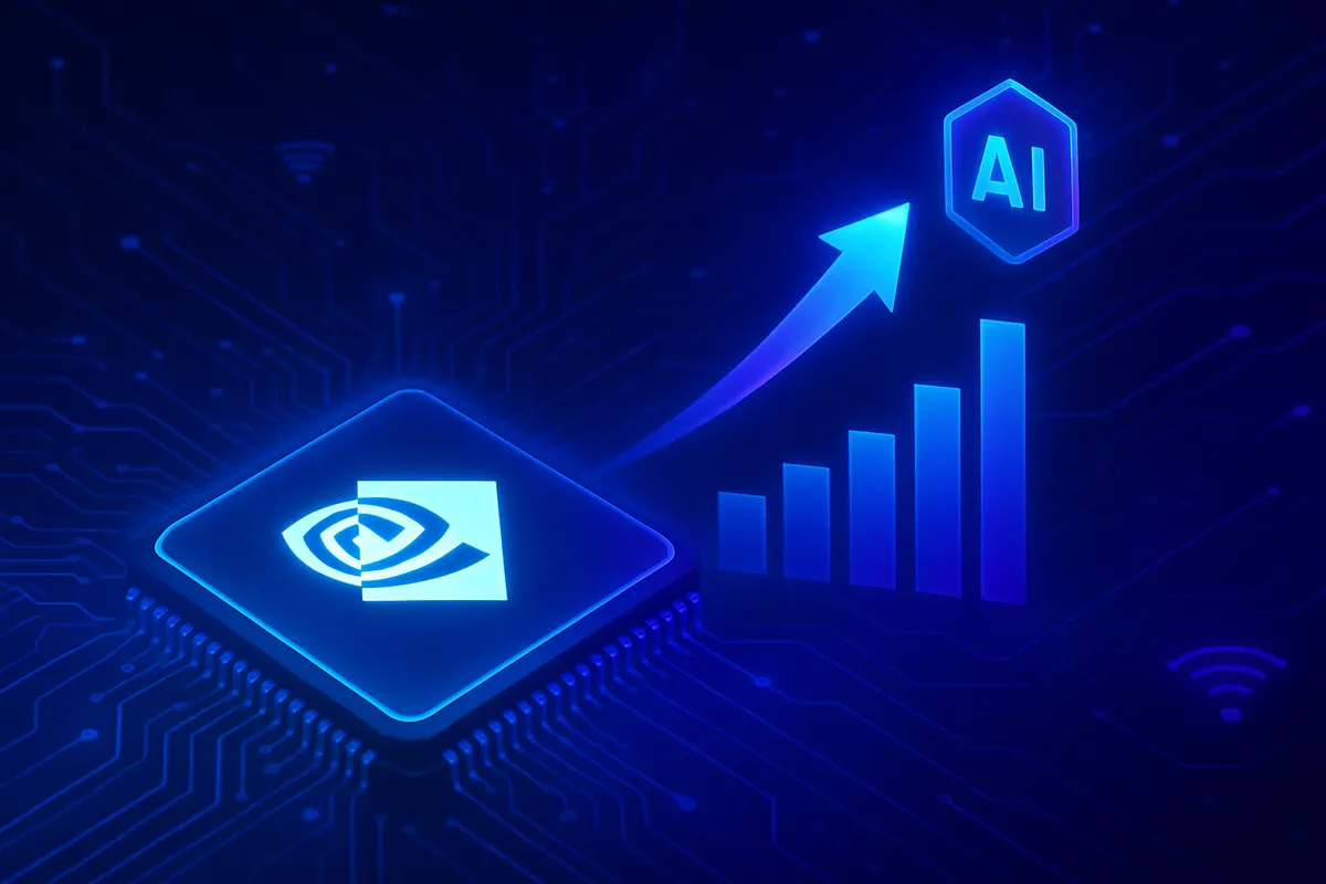 Serveurs de calcul pour l’IA et graphiques boursiers illustrant l’essor de Nvidia