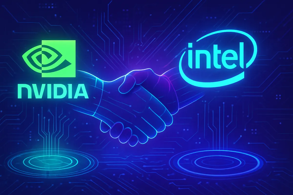 Des composants de serveur d’IA et de PC illustrant l’alliance technologique entre Nvidia et Intel.