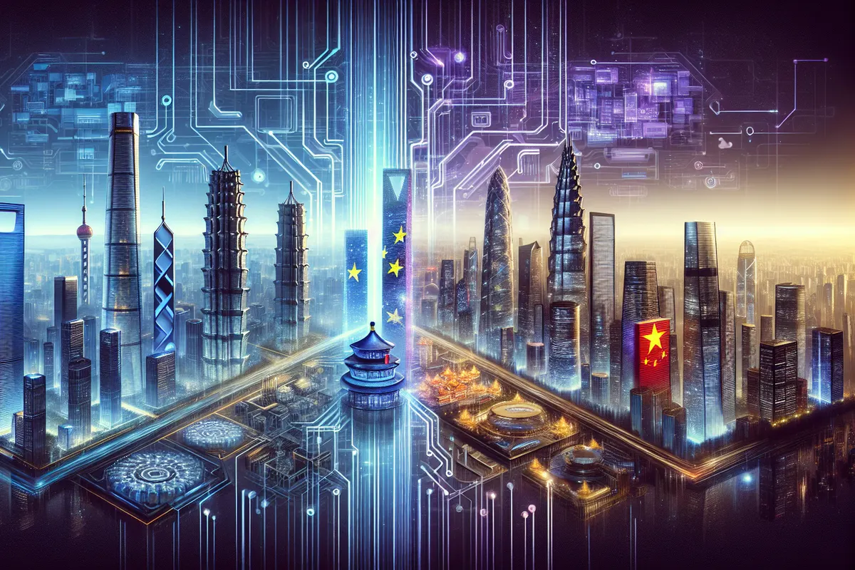 Une puce d’intelligence artificielle placée entre deux pôles symbolisant les États-Unis et la Chine