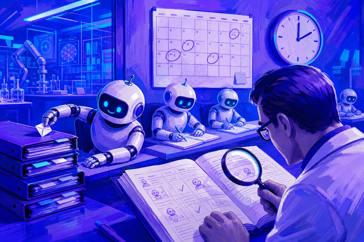 Un inspecteur examine à la loupe un registre pendant qu’un petit robot glisse une note dans une pile de rapports