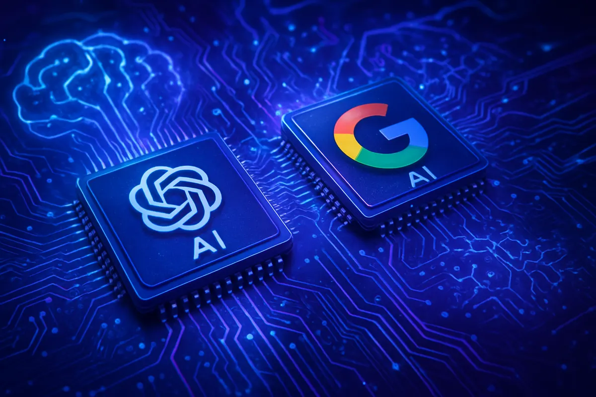 Puces d’IA et serveurs de centre de données illustrant le rapprochement entre OpenAI et Google