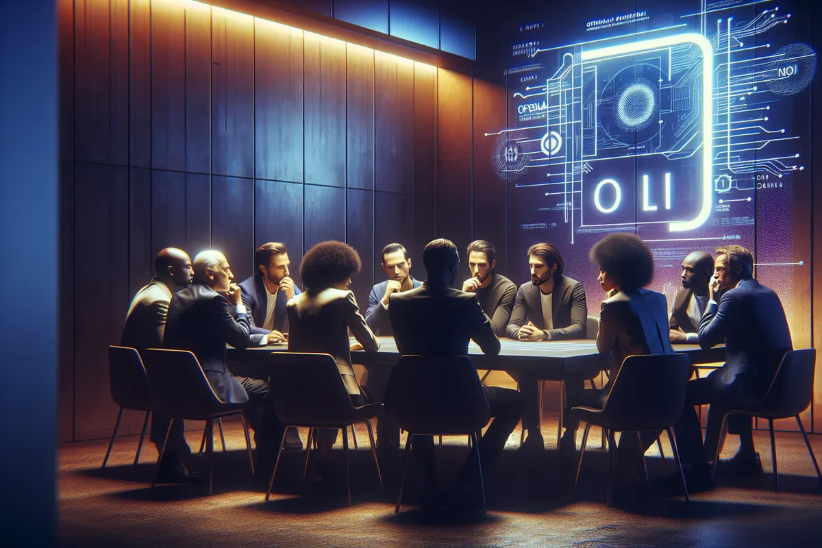 Un conseil d’administration examine une offre de rachat dans une salle de réunion consacrée à l’intelligence artificielle.