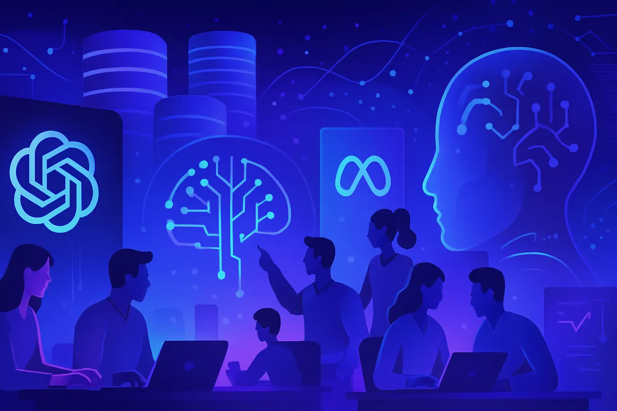 Des chercheurs en intelligence artificielle font une pause dans un laboratoire, entre travail intense et recrutement.