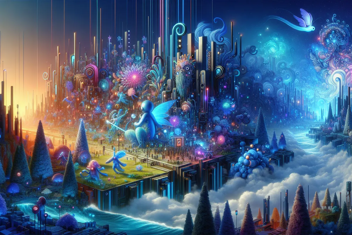 Utilisateur devant une interface de création d’images, entouré de vignettes aux paysages imaginaires