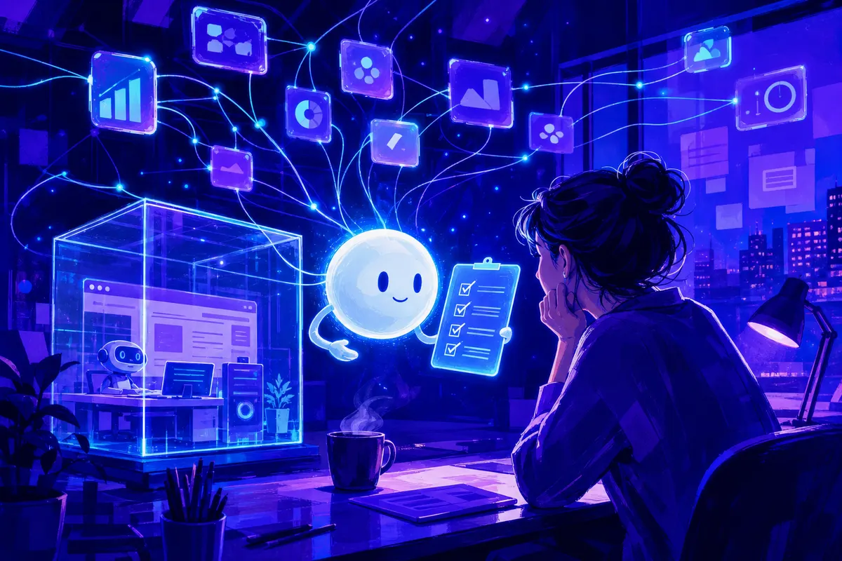 Un petit agent lumineux flotte près d’un bureau, relié à un ordinateur en verre et à une constellation d’applications