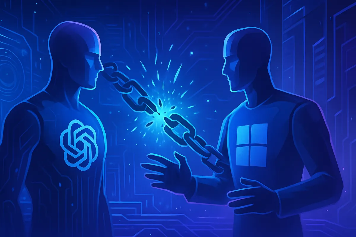 Deux campus technologiques reliés par des serveurs et des câbles symbolisent l’alliance sous tension entre OpenAI et Microsoft.