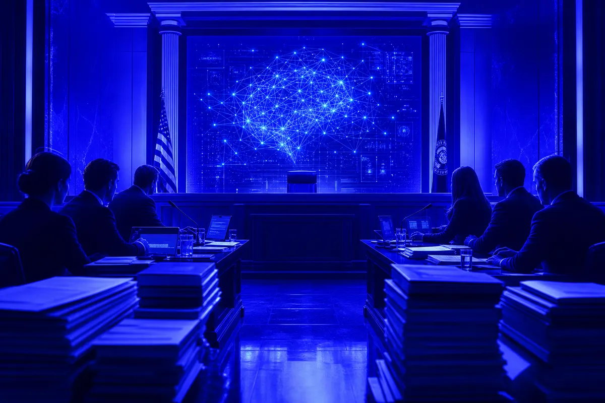 Deux équipes juridiques s’affrontent au tribunal autour de dossiers liés à l’intelligence artificielle.