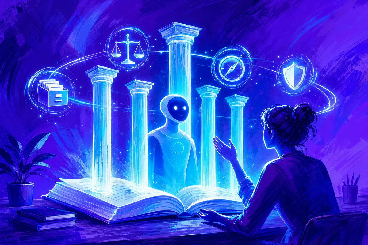 Illustration d’un grand livre de règles lumineux d’où s’élèvent cinq piliers, autour d’une IA à l’écoute d’une personne