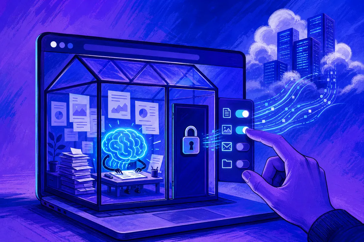 Illustration d’une fenêtre de navigateur où une IA lumineuse travaille sur place, isolée des serveurs du cloud