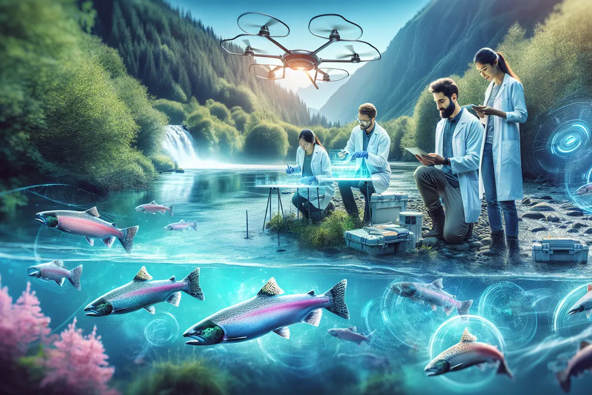 Dispositif autonome avec caméra sous-marine observant des saumons en migration dans une rivière.