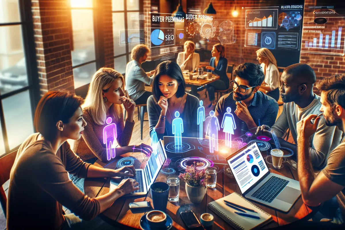 Analyste reliant des requêtes de recherche, des profils clients et un plan de contenus SEO assisté par IA