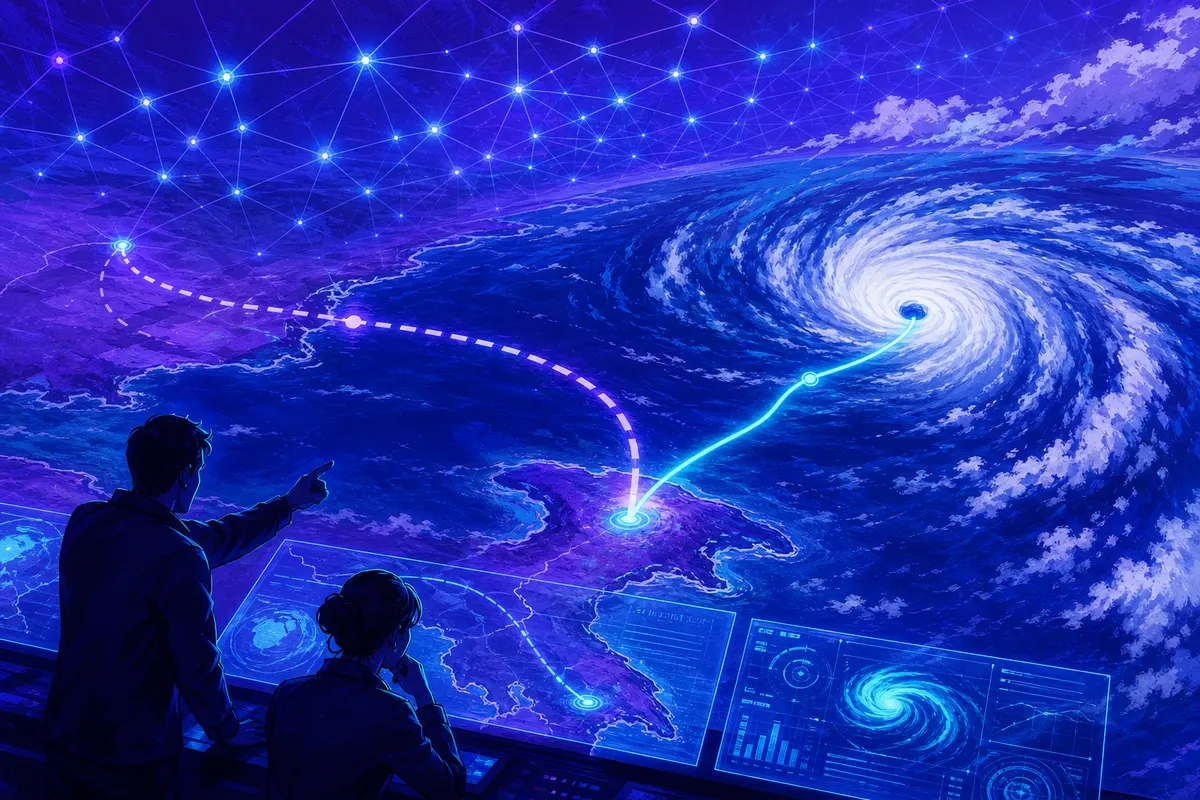 Illustration d’un ouragan vu du ciel avec deux trajectoires prévues, l’une éclairée par un réseau neuronal