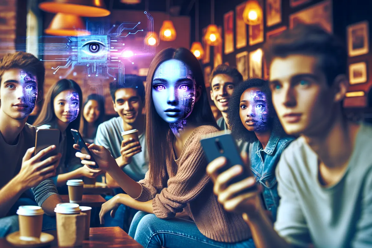 Un smartphone de vidéos courtes côtoie une interface de recherche conversationnelle sur un bureau.