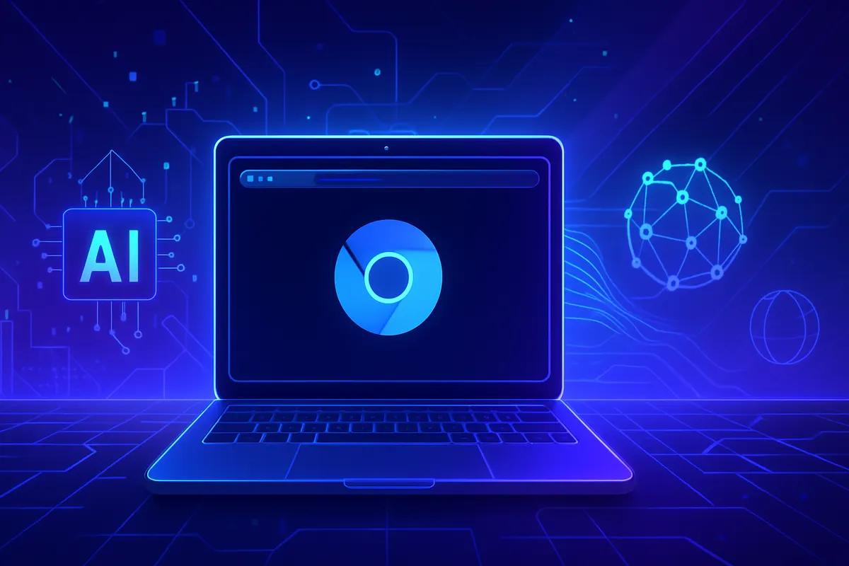 Une fenêtre de navigateur entourée de documents juridiques et d’indices évoquant une bataille pour Chrome