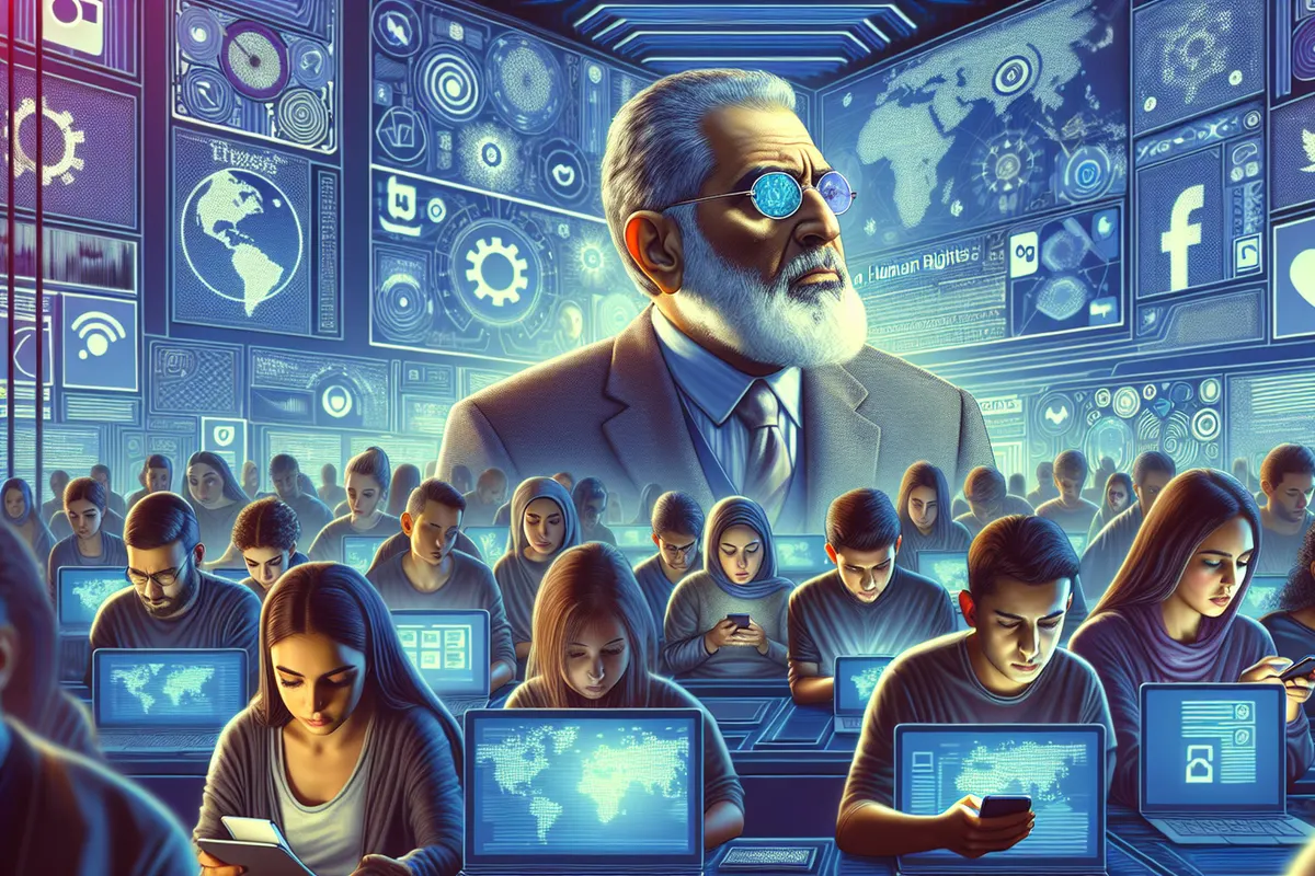 Une personne face à des flux de données et des outils numériques, symbolisant les droits humains dans la tech.