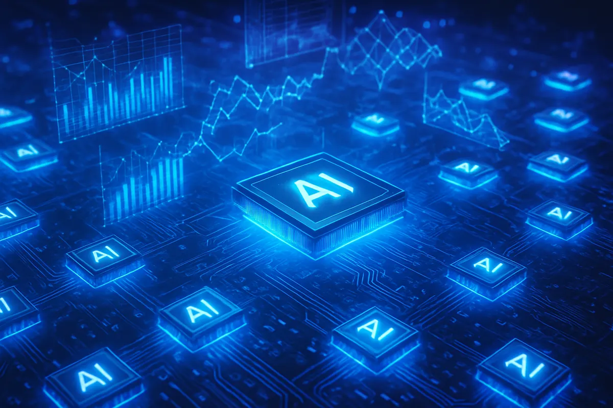 Rangées de serveurs interconnectés dans un centre de données dédié au calcul d’intelligence artificielle.