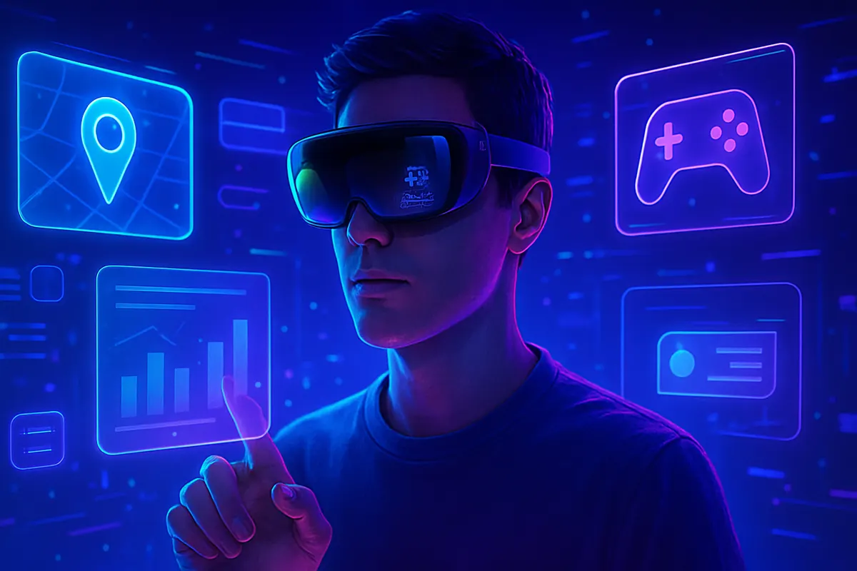 Personne portant des lunettes connectées et utilisant une interface de réalité augmentée en ville.
