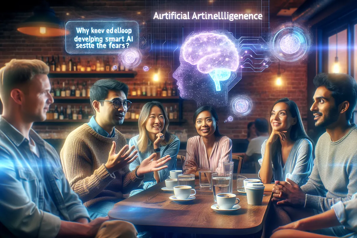 Des citoyens et professionnels débattent autour d’un outil d’intelligence artificielle sous contrôle humain.