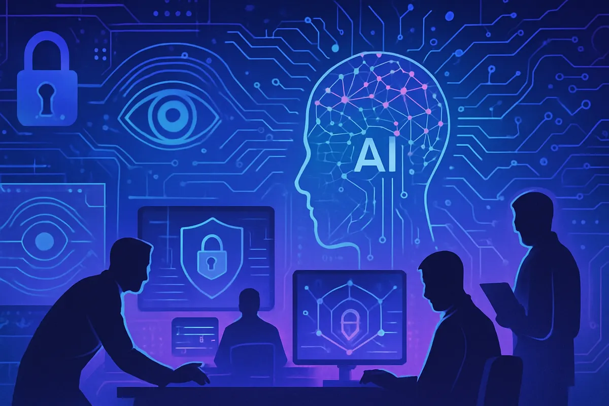 Une équipe de cybersécurité analyse les flux de données d’un assistant IA sur plusieurs écrans.