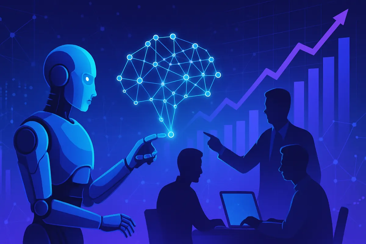 Des consultants examinent des données avec une interface d’intelligence artificielle dans une salle de réunion.