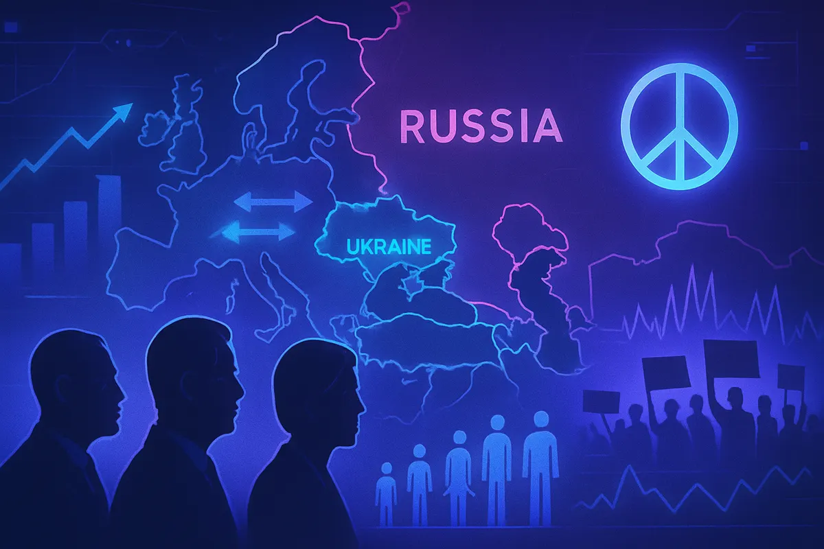 Diplomates, cartes aériennes et puces électroniques illustrant les enjeux technologiques de la guerre en Ukraine.