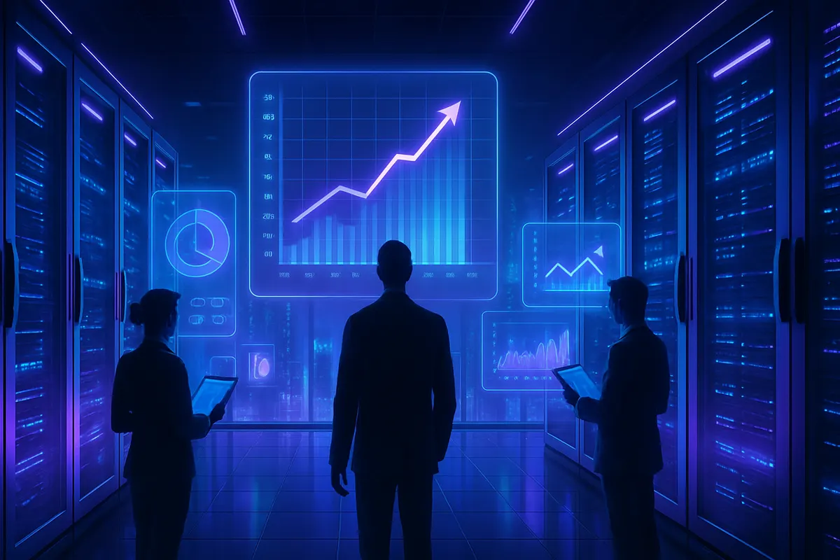 Technicien dans un centre de données équipé de serveurs destinés aux calculs d’intelligence artificielle.