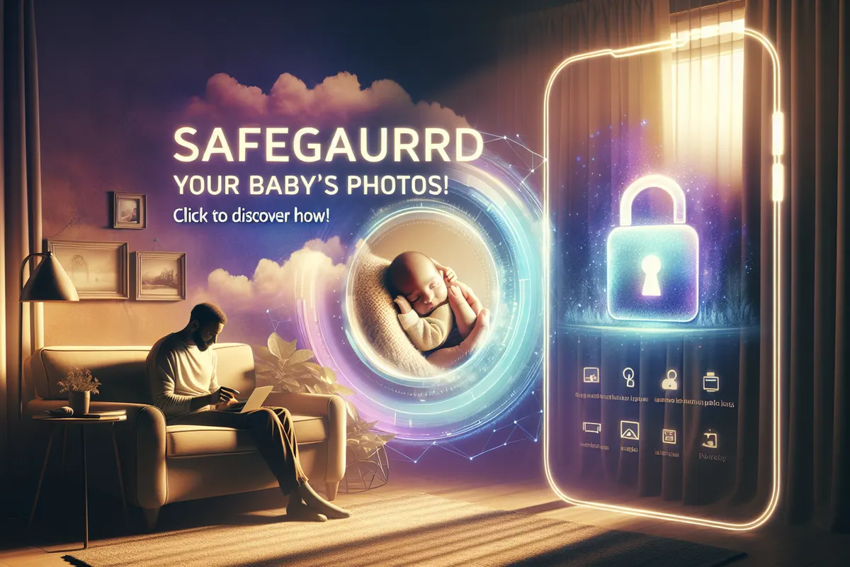 Un parent vérifie les réglages de confidentialité avant de partager des photos de son bébé.
