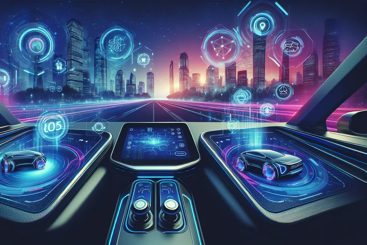 Habitacle de voiture connectée avec écran central, données de conduite et deux-roues visible à l’extérieur
