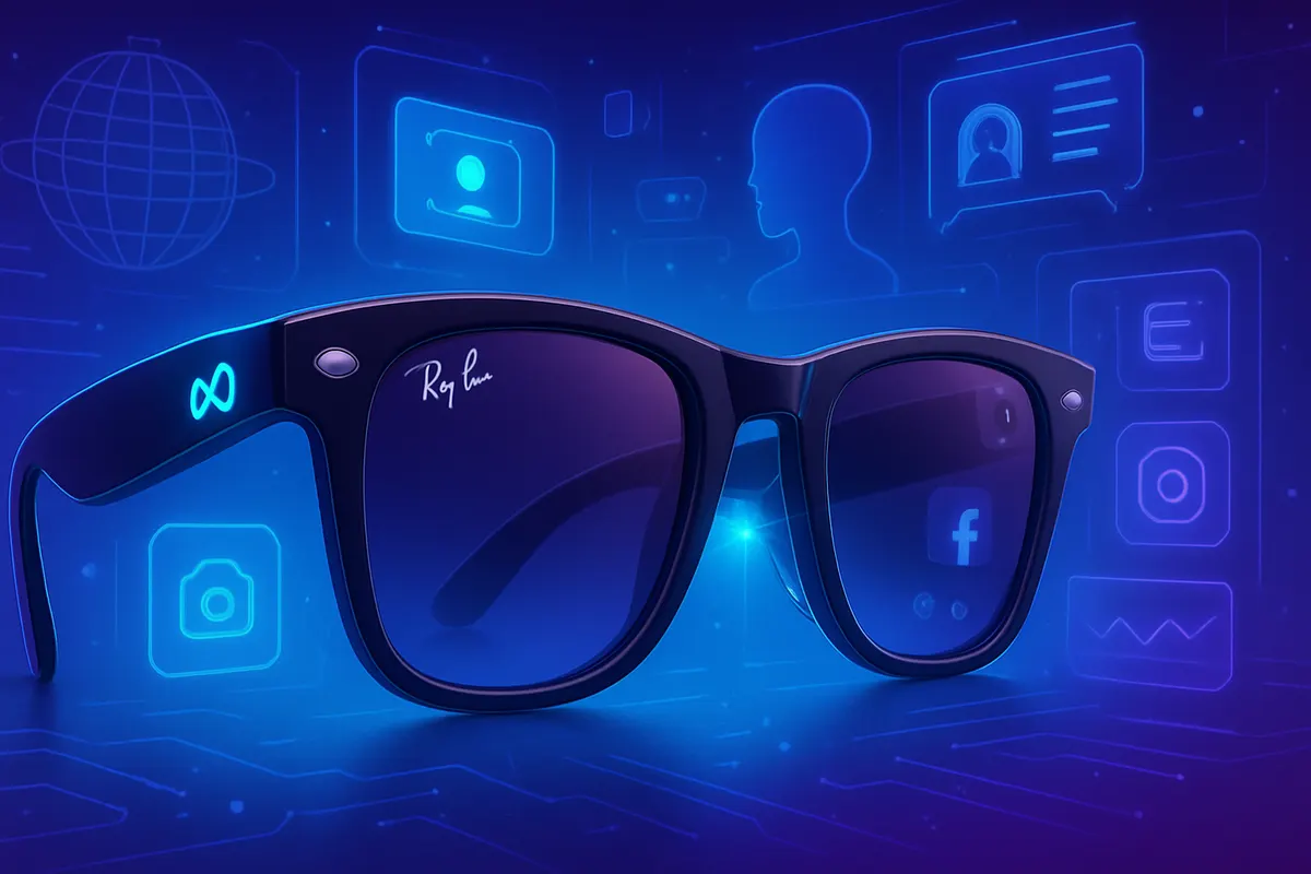 Personne portant des lunettes connectées avec une discrète interface affichée sur le verre droit