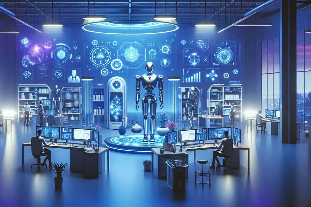 Un robot humanoïde apprend à manipuler un objet sur une paillasse dans un laboratoire de recherche.