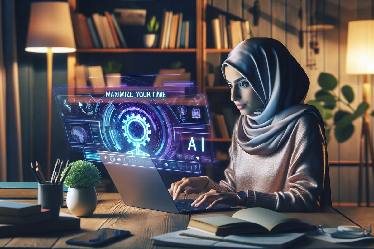 Une professionnelle consulte un rapport de recherche structuré par IA, entouré de sources web et de notes.