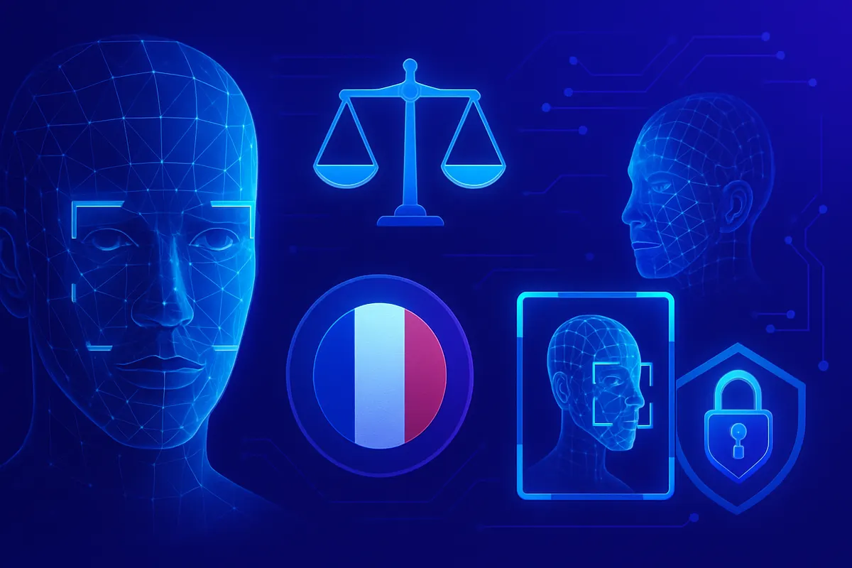 Voyageur devant un sas automatisé, illustration des règles françaises de reconnaissance faciale.