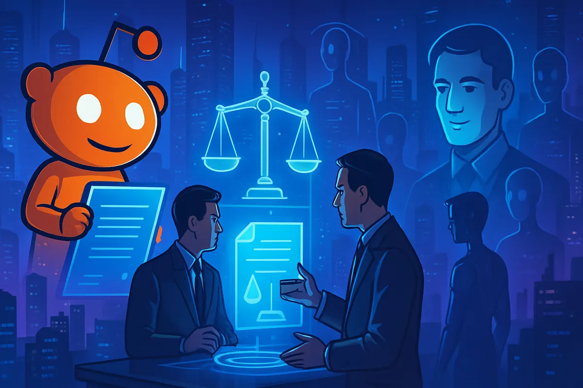 Une salle d’audience face à des discussions en ligne alimentant un modèle d’intelligence artificielle