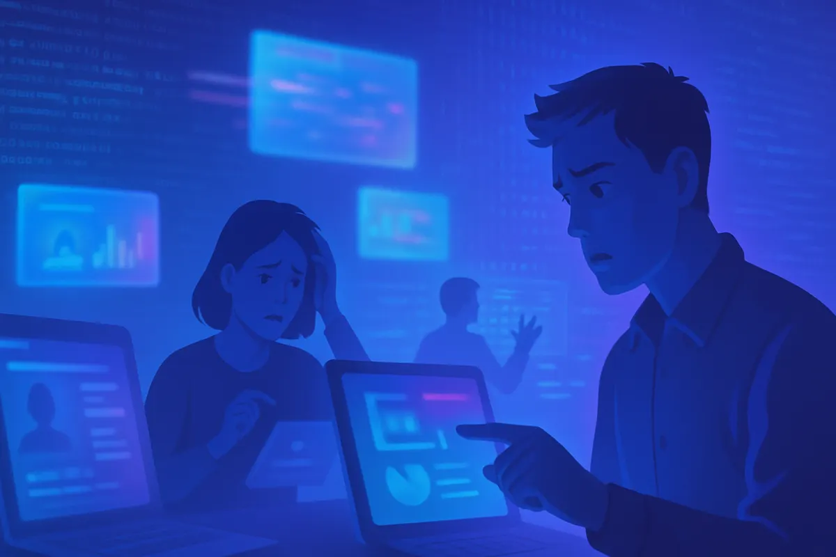 Un créateur d’application face à un ordinateur, entre un espace de test et une base de données de production protégée.